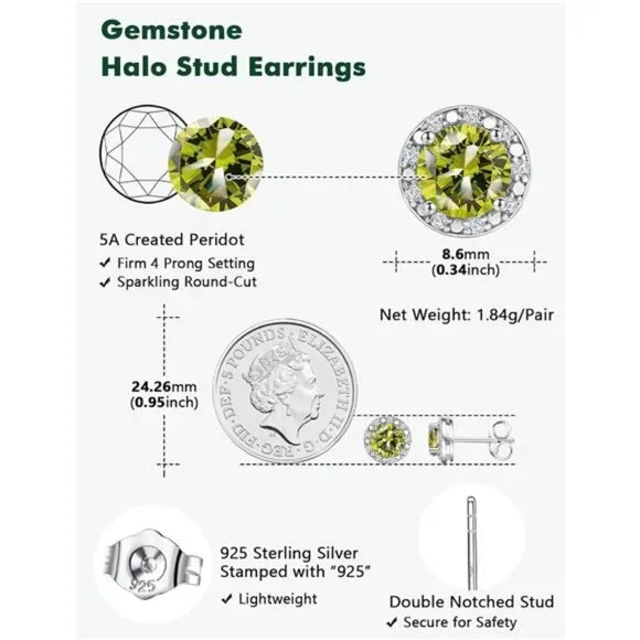 Peridot Earrings Round Cut Women | 925 Sterling Silver | August Birthstone - Picture 6 of 7